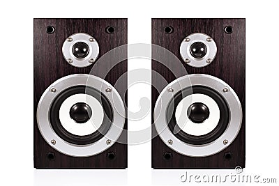 Audio speaker in a wooden case. Isolated on white background Stock Photo