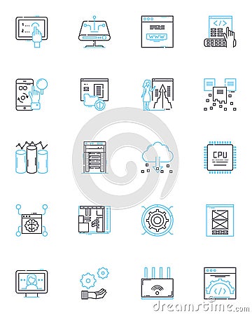 Audio systems linear icons set. Amplifiers, Bluetooth, Bass, Computer, Dolby, Equalizer, Frequency line vector and Vector Illustration