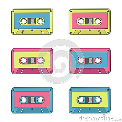 Audio tapes of different colours. Technology 70s. Vector Illustration