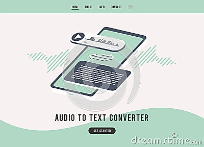 Audio to text converter concept. Transcribe voice audio messages to plain text. Online speech-to-text convert flat Vector Illustration