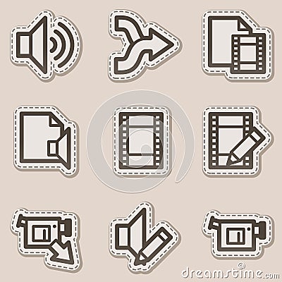 Audio video edit web icons, brown contour sticker Vector Illustration