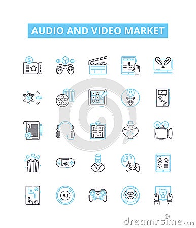 audio and video market vector line icons set. Audio, Video, Market, Multimedia, Sound, Streaming, Digital illustration Vector Illustration