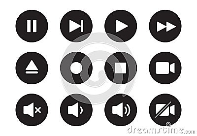 Audio, video, music player button icon. Sound control, play, pause button solid icon set. Camera, media control Vector Illustration