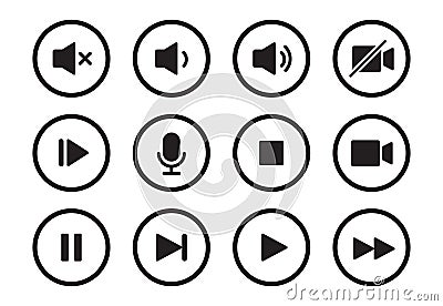 Audio, video, music player button icon. Sound control, play, pause button solid icon set. Camera, media control Vector Illustration