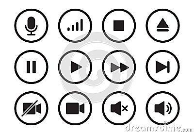 Audio, video, music player button icon. Sound control, play, pause button solid icon set. Camera, media control Vector Illustration