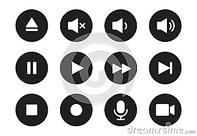 Audio, video, music player button icon. Sound control, play, pause button solid icon set. Camera, media control Vector Illustration