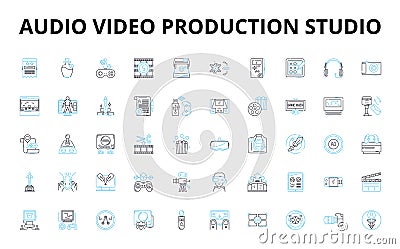Audio video production studio linear icons set. Recording, Sound, Studio, Production, Mixing, Mastering, Editing vector Vector Illustration