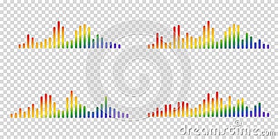 Audio waves Set. Multicolored rainbow icon sound song. EQ. Podcast wave. Symbols on isolated background. Voice message. Vector Cartoon Illustration