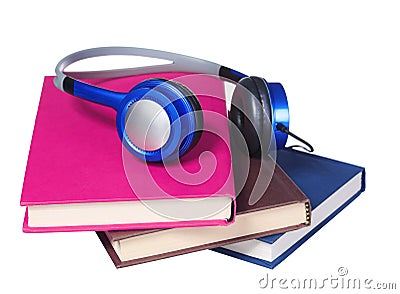 Audiobook concept. Headphones and books isolated Stock Photo