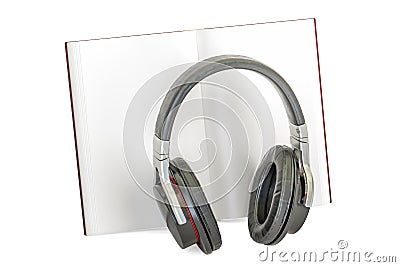 Audiobook concept. Opened book with headphones, 3D rendering Stock Photo