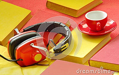 audiobooks concept with books cup of coffee and vintage headphones. Education,entertainment,literature, podcasting concept Stock Photo