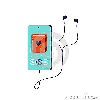 Vector illustration of smartphone with audio book app interface on its screen with earphones isolated on white background. Vector Illustration