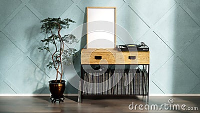 Audiophile room with empty poster frame mockup, green stucco wall, wood table for records, vinyl player, 3d render Stock Photo