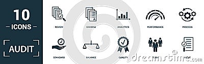 Audit icon set. Monochrome sign collection with review, examine, analytics, performance and over icons. Audit elements set Stock Photo