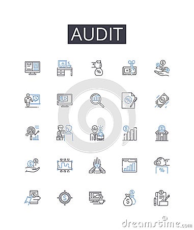 Audit line icons collection. Checkup, Verification, Inspection, Scrutiny, Examination, Review, Assessment vector and Vector Illustration