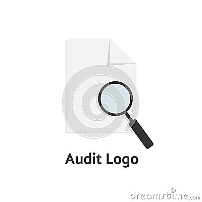 Audit logotype with sheet of paper and magnifying glass Vector Illustration