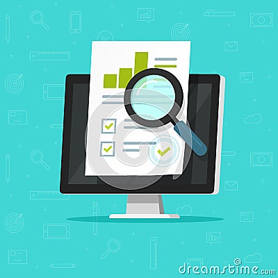 Audit research on computer vector illustration, flat cartoon paper financial report data analysis on pc, concept of Vector Illustration