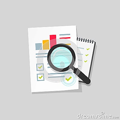 Audit research vector icon, flat cartoon paper financial report data analysis on table, concept of accounting analytics Vector Illustration