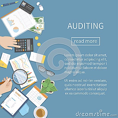 Auditing, accounting, analysis, analytics. Auditor inspects financial documents. Businessman hands with magnifying glass Vector Illustration