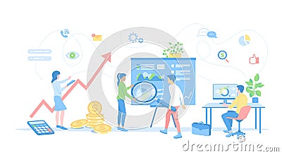 Auditing, analysis, accounting, analytics. Audit team checks information data, documents, makes calculations. Vector illustration Vector Illustration