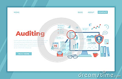 Auditing, analysis, accounting, calculation, analytics. Auditor checks the documents. Graphs, charts on the monitor screen. landin Vector Illustration