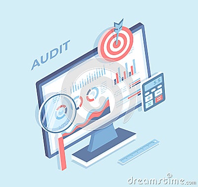 Auditing, analysis, accounting, calculation, analytics. Charts graphs on the monitor screen, magnifying glass, calculator, target. Vector Illustration