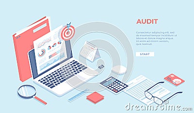 Auditing, analysis, accounting, calculation, analytics. Documents with charts graphs on the laptop screen, folder, magnifying Vector Illustration
