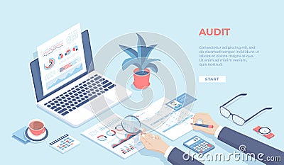 Auditing concepts. Businessman auditor inspects financial documents and fill a report form. Man`s hand with magnifier. Vector Illustration