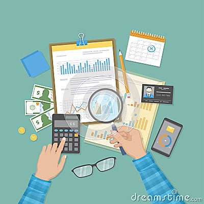 Auditing concepts. Man inspects assessing financial documents, prepares a report. Businessman hands with magnifying glass Vector Illustration