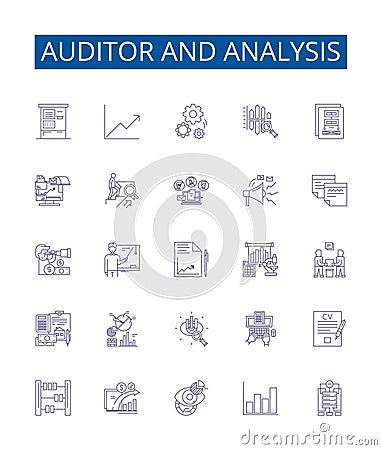 Auditor and analysis line icons signs set. Design collection of Auditor, Analysis, Auditing, Analyzing, Evaluating Vector Illustration