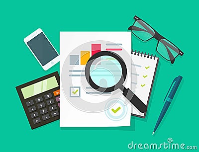 Auditor work desk, accounting business research, financial audit, tax report Vector Illustration