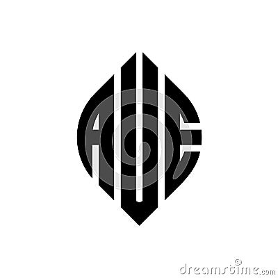 AUE circle letter logo design with circle and ellipse shape. AUE ellipse letters with typographic style. The three initials form a Vector Illustration