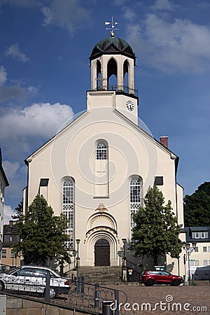 Auerbach, Germany - July 22, 2023: View of old market square and St. Laurentius church in the center of Auerbach town in Vogtland Editorial Stock Photo