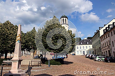 Auerbach, Germany - July 22, 2023: View of old market square and St. Laurentius church in the center of Auerbach town in Vogtland Editorial Stock Photo