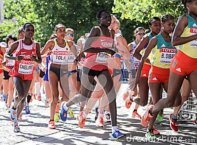 6 Aug `17 - London World Athletics Championships marathon: Chelimo, Tola, Dibaba Editorial Stock Photo