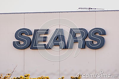 Aug 25, 2019 Pleasanton / CA / USA - Sears logo on the facade of one of their department stores; several Sears stores are Editorial Stock Photo