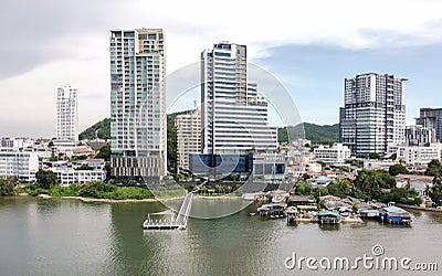 29 aug 20, Sriracha city, Thailand. aerial view of city near sea. tall hotel and office buildings in water front. Editorial Stock Photo