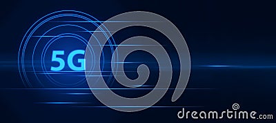 Augment reality concept with digital glowing 5G letters in circle on abstract blank dark background. 3D rendering, mock up Stock Photo