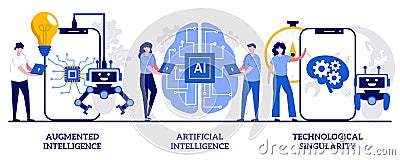 Augmented intelligence, artificial cognitive robotics, technological singularity concept with tiny people. Cutting edge technology Vector Illustration