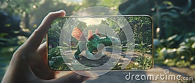 An augmented reality (AR) mobile game where the player interacts with virtual objects in a real-world setting. Stock Photo
