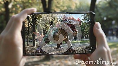 An augmented reality (AR) mobile game where the player interacts with virtual objects in a real-world setting. Stock Photo