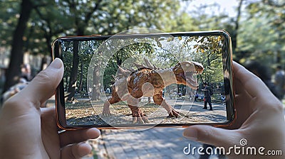 An augmented reality (AR) mobile game where the player interacts with virtual objects in a real-world setting. Stock Photo
