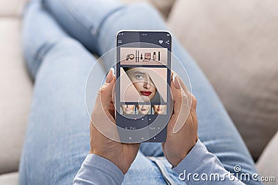 Augmented Reality Beauty App. Woman Trying Different Lipstick Color Online Stock Photo