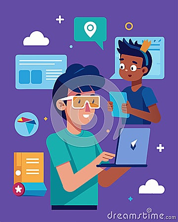 Through an augmented reality coding app students can see their coding projects come to life in front of them receiving Vector Illustration