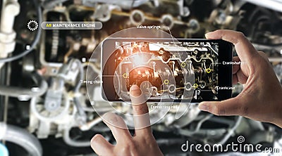 Augmented reality concept. AR. Industrial 4.0 , Hand of engineer holding mobile phone Stock Photo