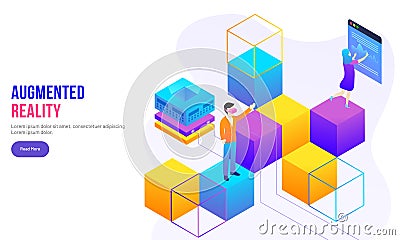 Augmented Reality concept based page design with people on top of isometric blocks interact with smart screen. Stock Photo