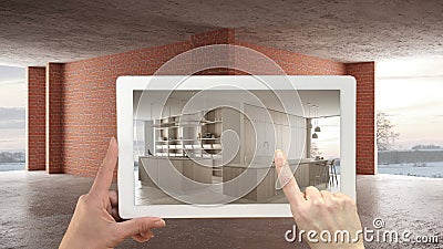 Augmented reality concept. Hand holding tablet with AR application used to simulate furniture and design products in interior Stock Photo