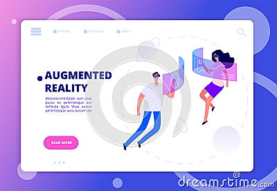 Augmented reality concept. Persons in vr headsets and goggles. Futuristic virtual reality vector banner Vector Illustration