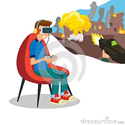 Augmented Reality Game Vector. Young Boy With Headset Playing Virtual Reality Simulation Game. Isolated Flat Cartoon Vector Illustration