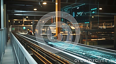 An augmented reality interface displays realtime analytics above a conveyor belt showing efficiency metrics and process Stock Photo